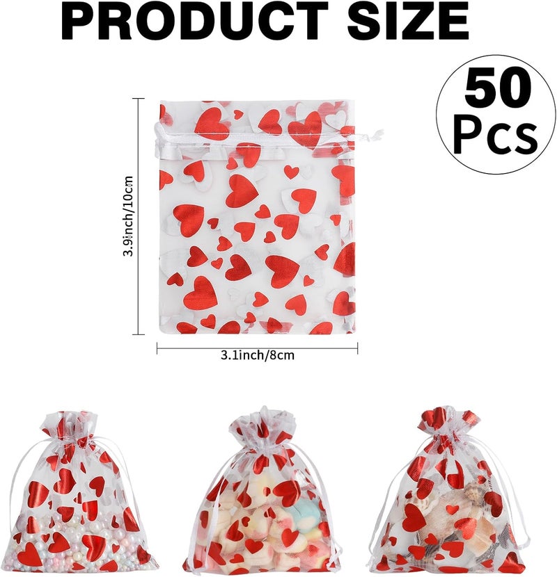 BOEIAC Heart Organza Bags, 50PCS Organza Gift Bag, Drawstring Sheer Mesh Gift Bag 3 x 4 inch, Mesh Jewelry Pouches, Mini Candy Bag for Valentine's Day, Christmas, Mother's Day, Wedding Party Favors - Image 2